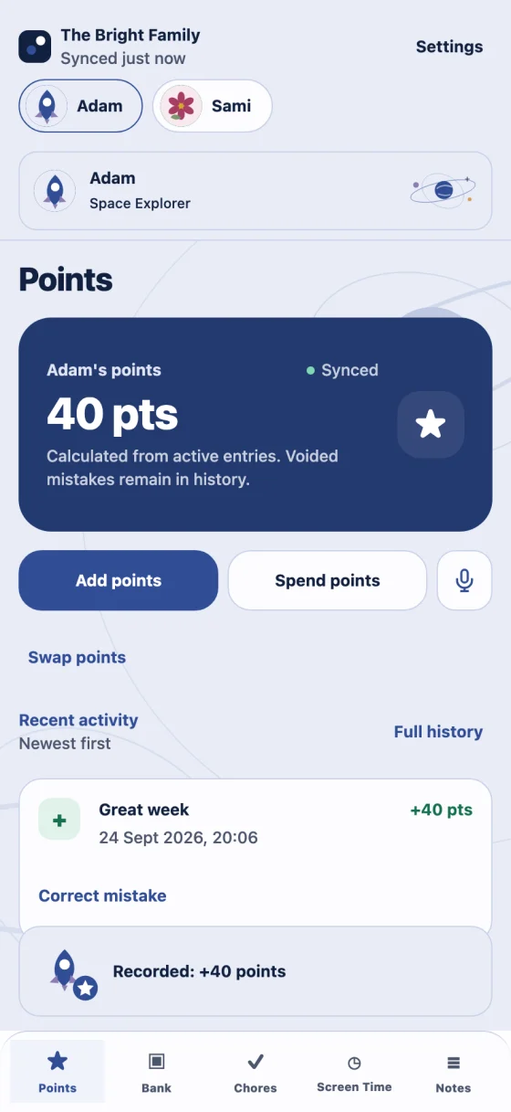 ChorePocket points balance and recent activity