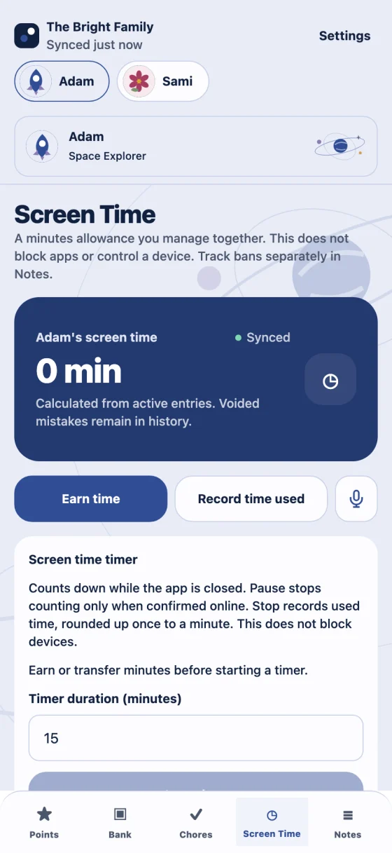 ChorePocket screen-time minutes balance and timer